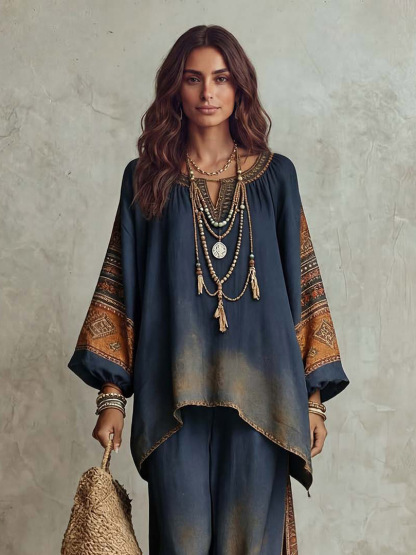 Retro Washed Ethnic Print Batwing Sleeve Two-Piece Set