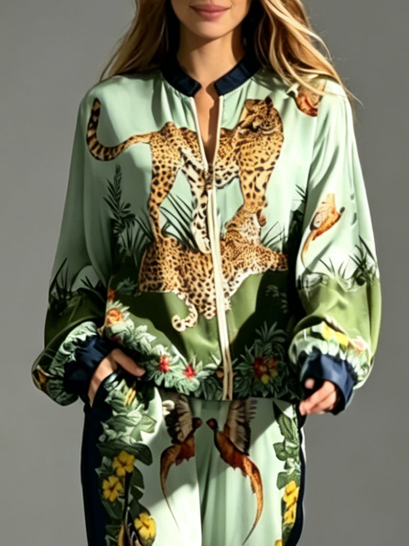 Exotic Jungle Print Zip-Up Long Sleeve Shirt