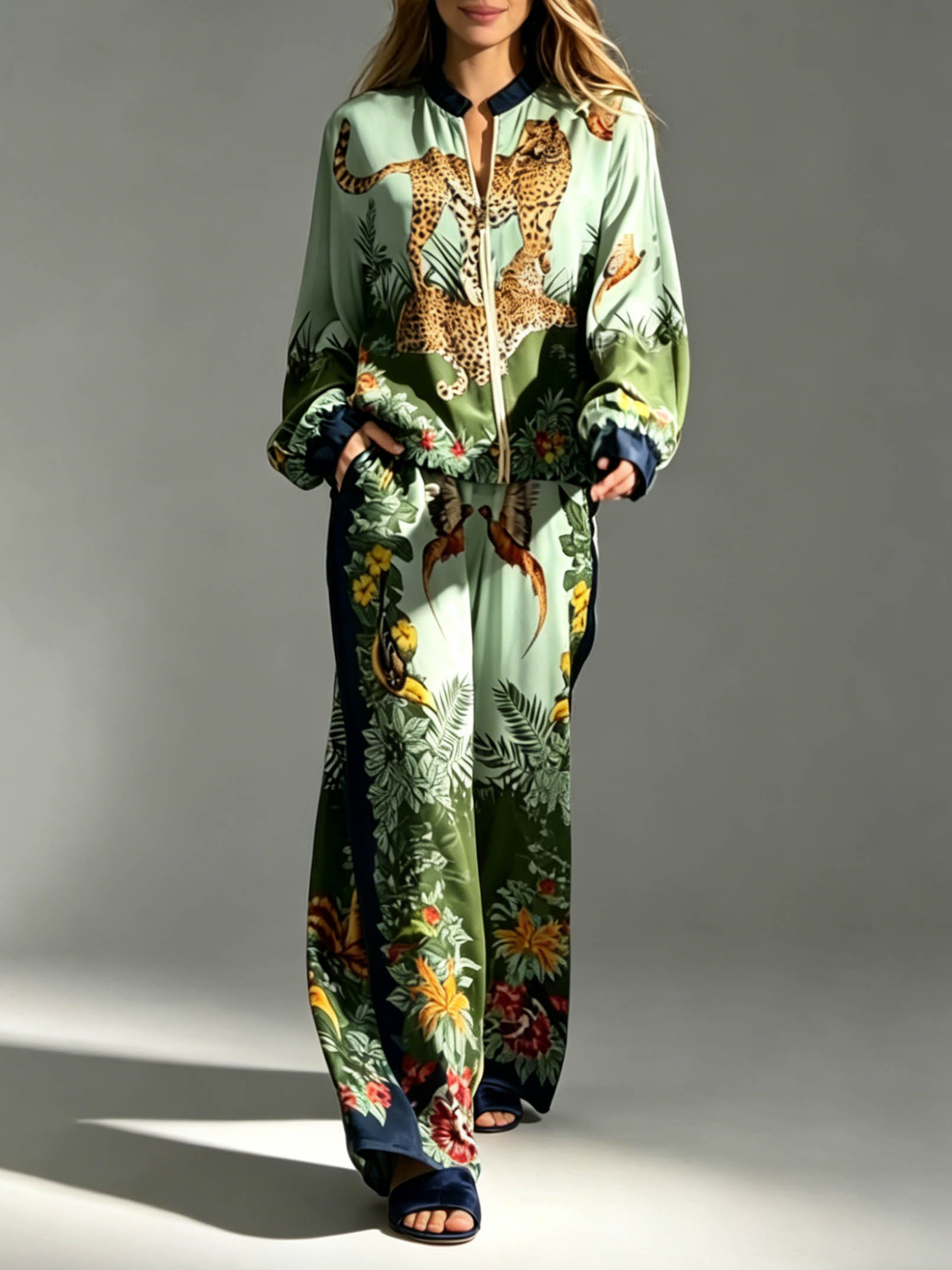 Exotic Jungle Print Zip-Up Long Sleeve Shirt