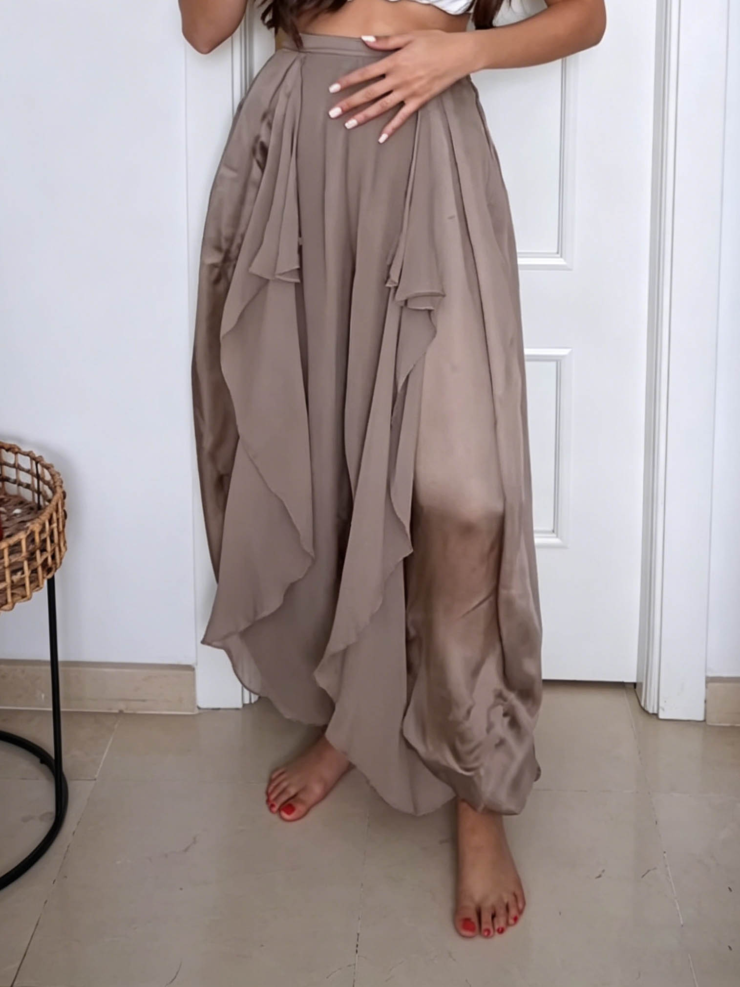 Casual Elegant Flowy Chiffon Draped Wide-Leg Pants Two-Piece Set