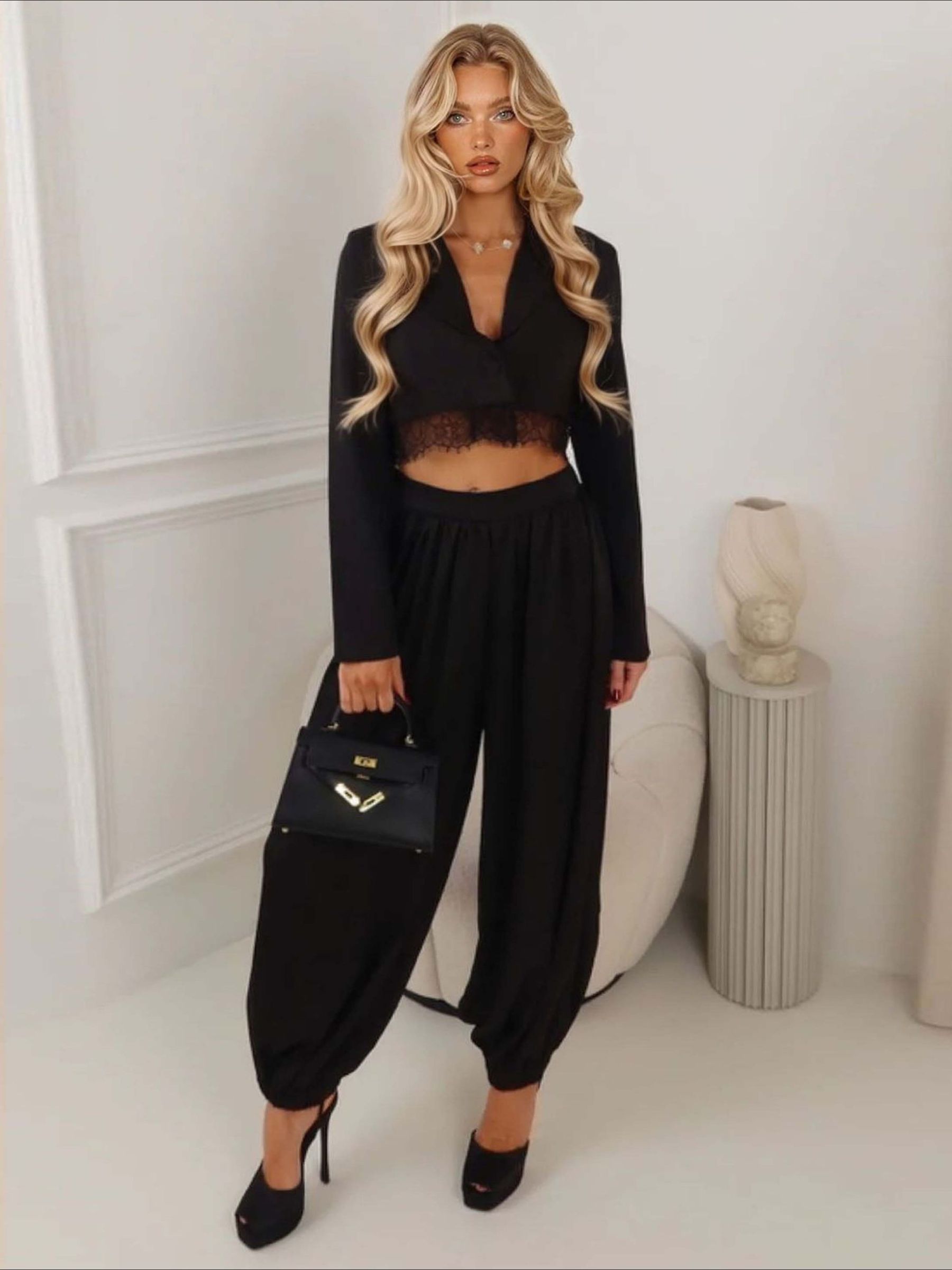 Elegant Cropped Blazer And Draped Harem Pants Two-Piece Set