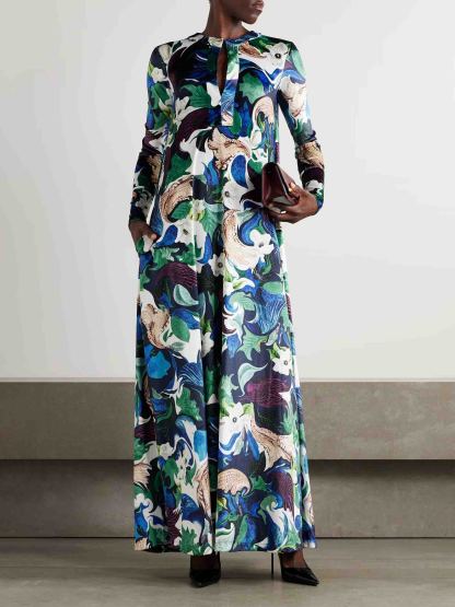 Unique Floral Print Long-sleeved Maxi Dress