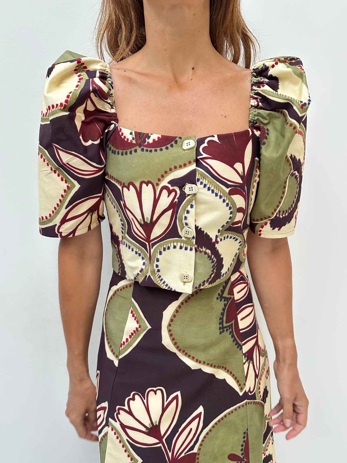 Elegant Retro Floral Puff Sleeve Crop Top