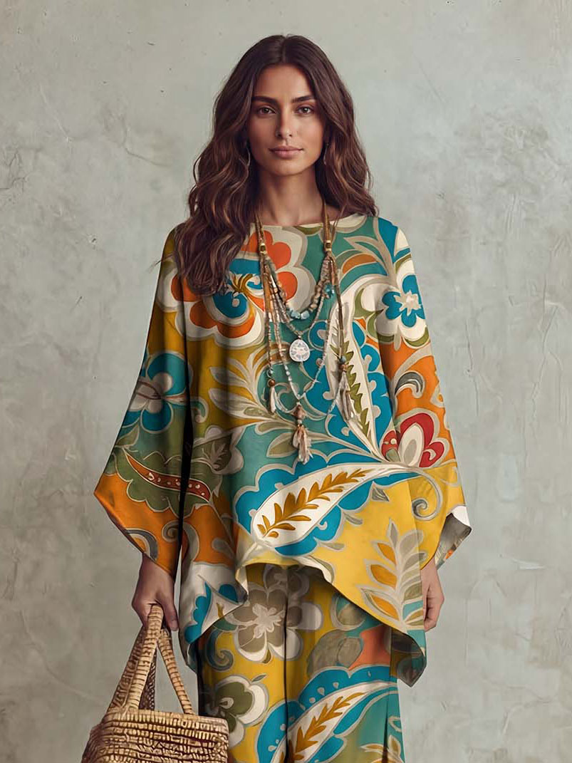 Retro Ethnic Style Paisley Print Flowing Batwing Sleeve Suit