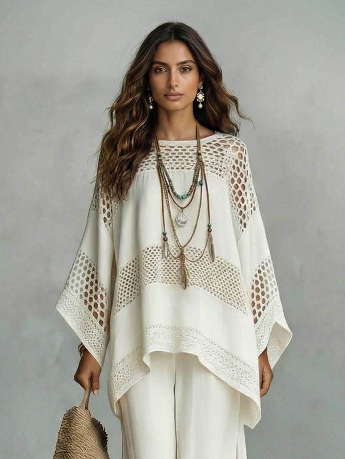 Exquisite Crocheted Lace Wide-Leg Pants Two-Piece Set