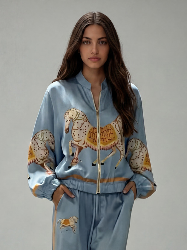 Exquisite Satin Horse Print Zip-Up Shirt – Likemychoice