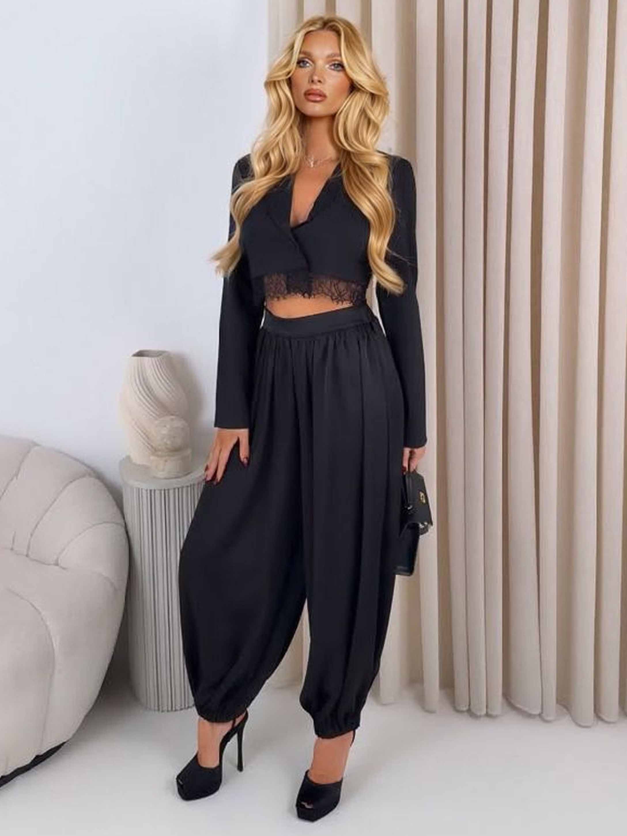 Elegant Cropped Blazer And Draped Harem Pants Two-Piece Set