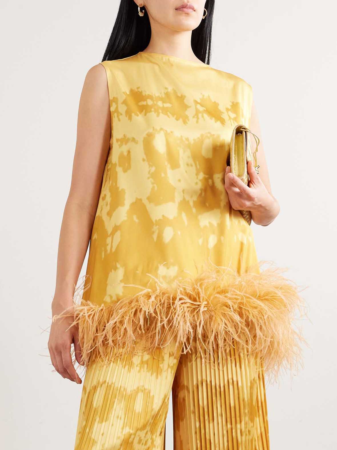 Exquisite Abstract Print Sleeveless Feather-Trim Top