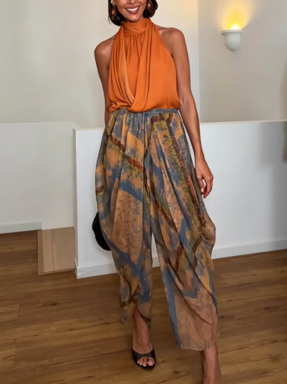 Elegant Backless Draped Top & Paisley Print Pants Set