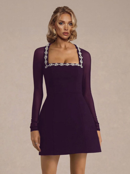 Elegant Crystal-embellished Mesh Sleeve Mini Dress