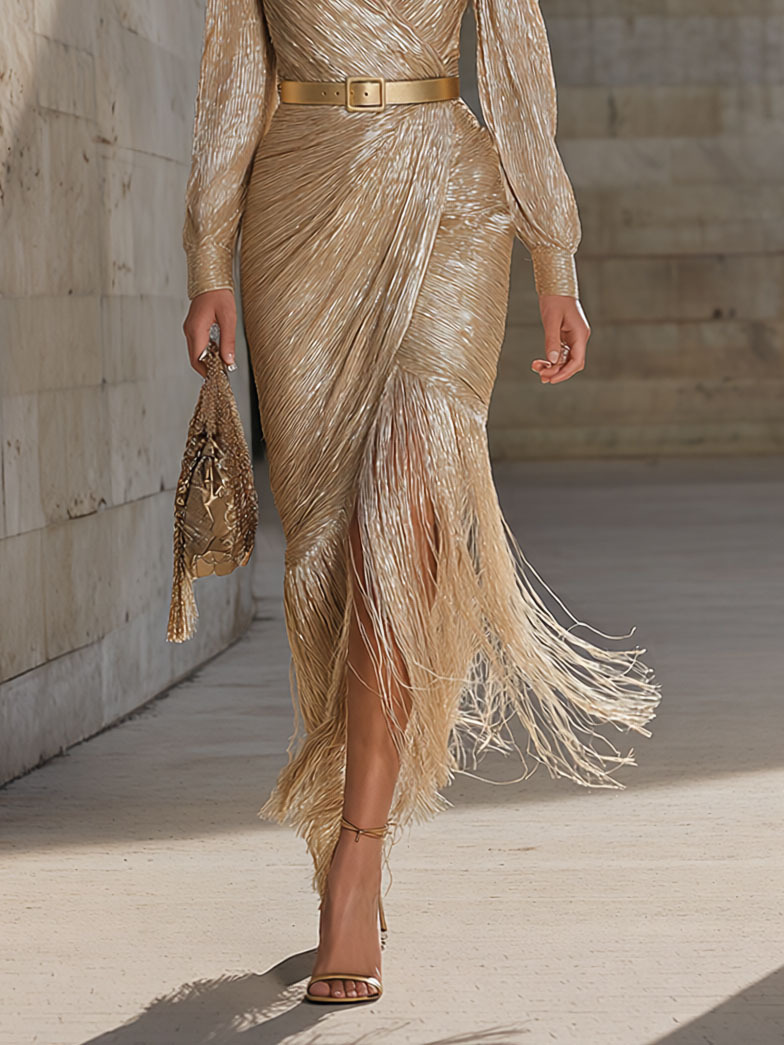 Elegant Tassel Wrap-around Slim-fit Maxi Dress