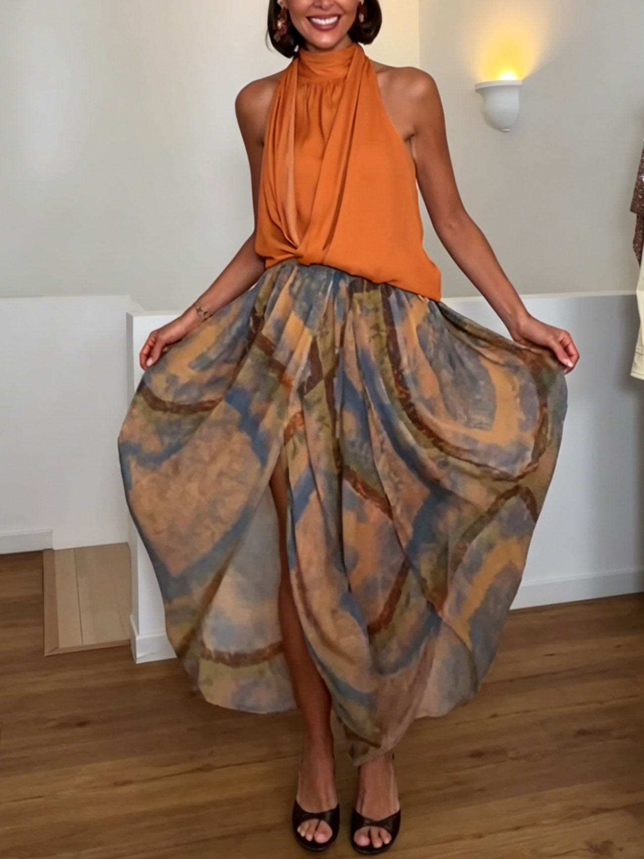 Elegant Backless Draped Top & Paisley Print Pants Set