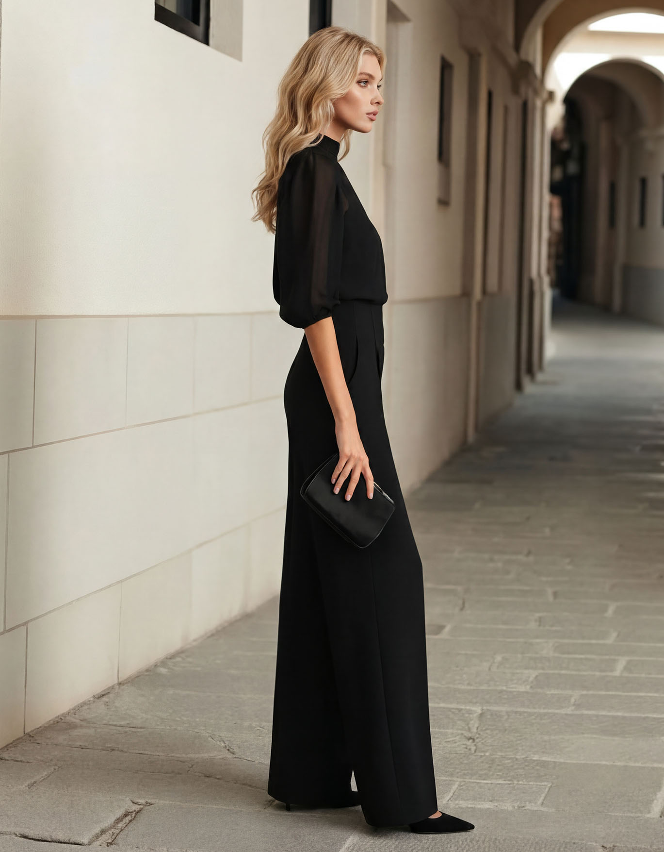 Elegant Puff Sleeve Chiffon Blouse & Pants Two-Piece Set