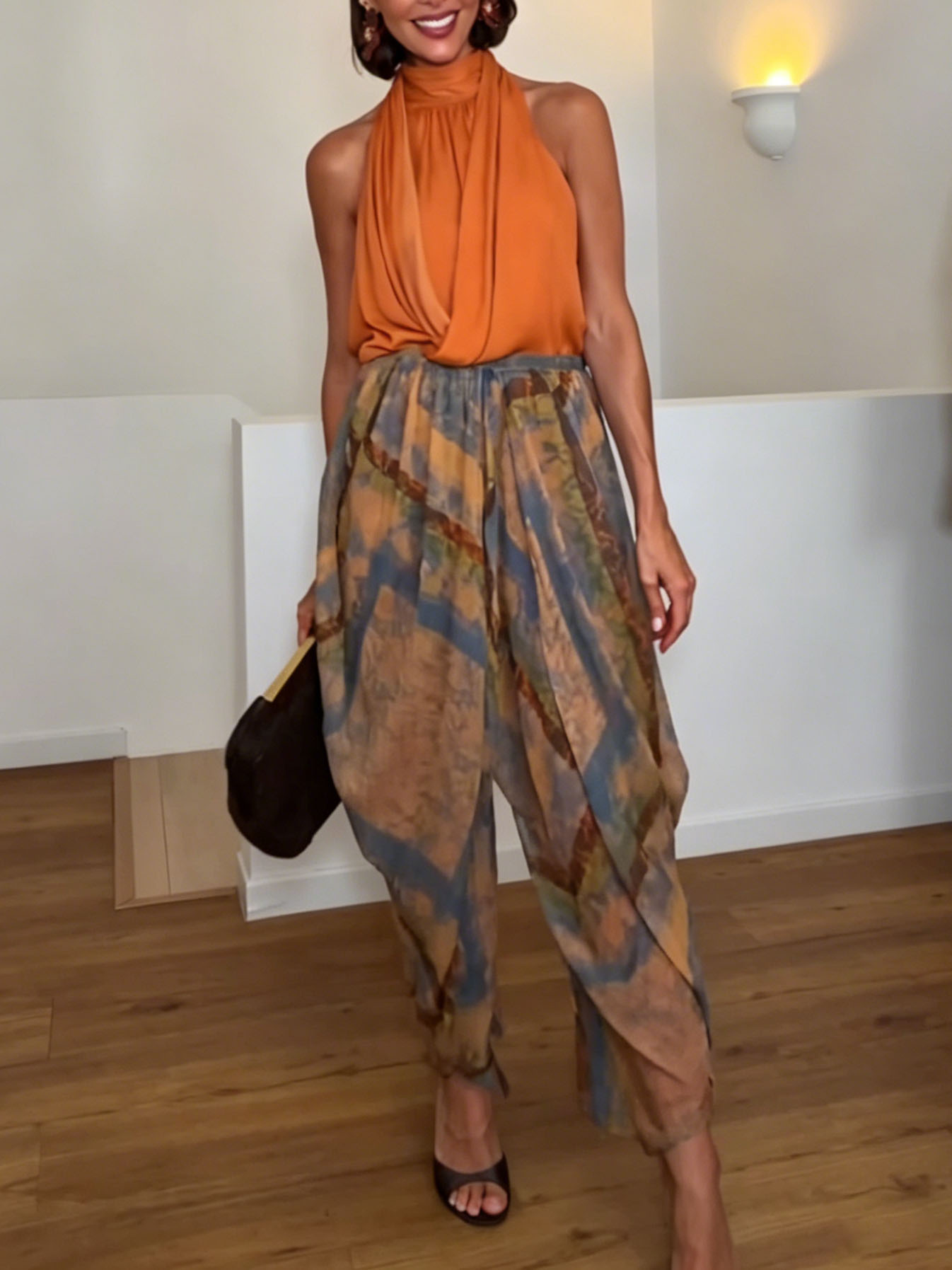 Elegant Backless Draped Top & Paisley Print Pants Set