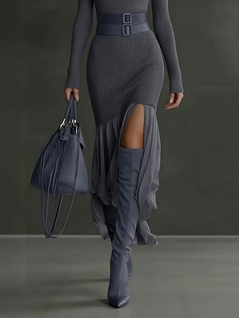 Elegant Gray Asymmetrical Ruffled Knit Midi Dress