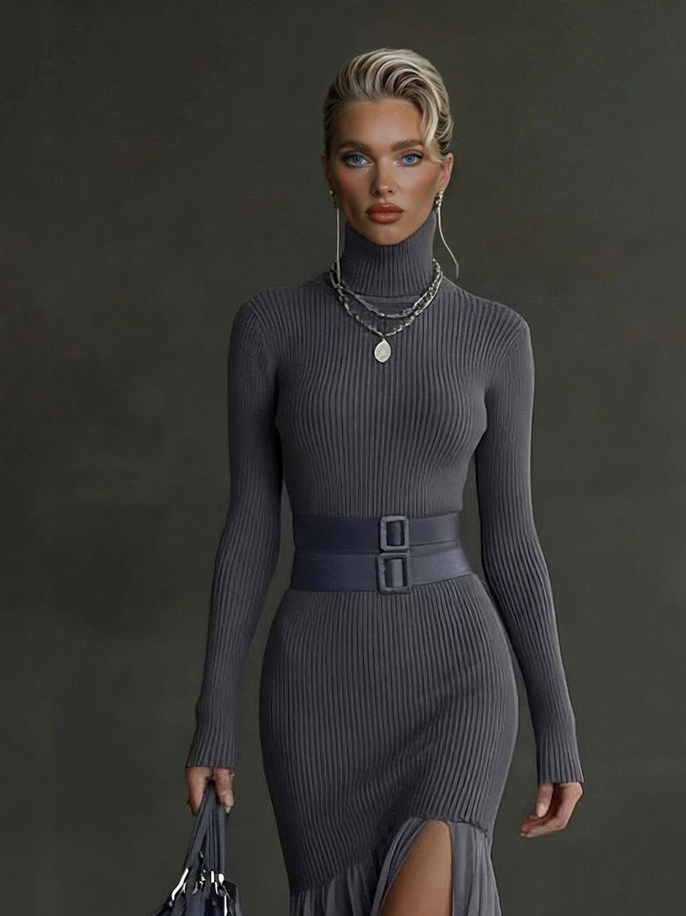 Elegant Gray Asymmetrical Ruffled Knit Midi Dress