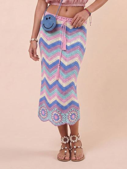 Bohemian Ruffle Crop Top & Crochet Herringbone Skirt Two-Piece Set