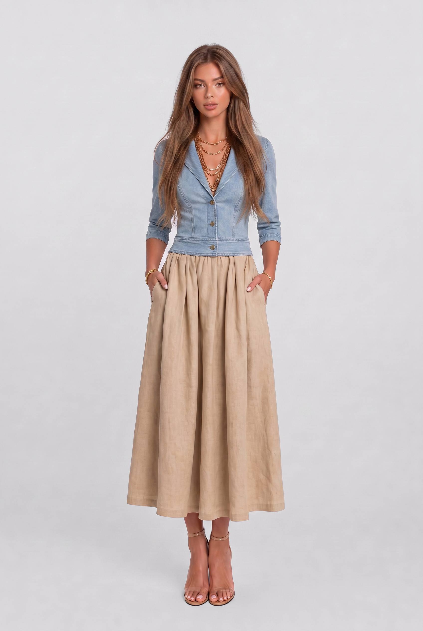 Vintage Denim Top And Linen Skirt Set
