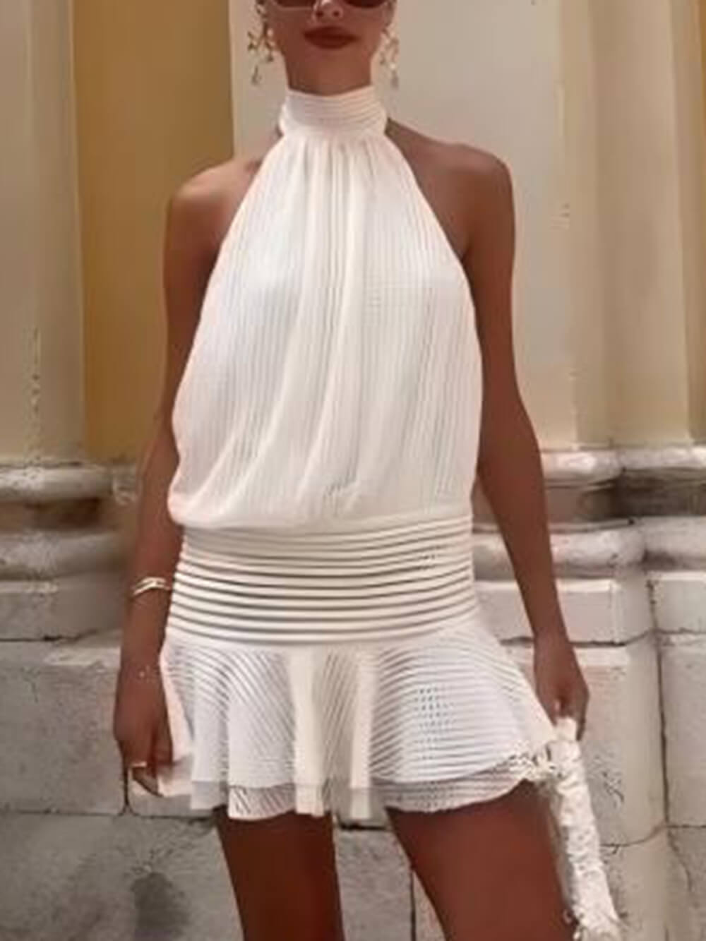 Elegant Cutout Backless Lace-Up Ruffle Mini Dress