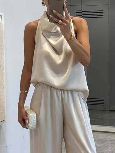 Elegant Halter Neck Swing Collar Top And Wide Leg Pants Suit-Top