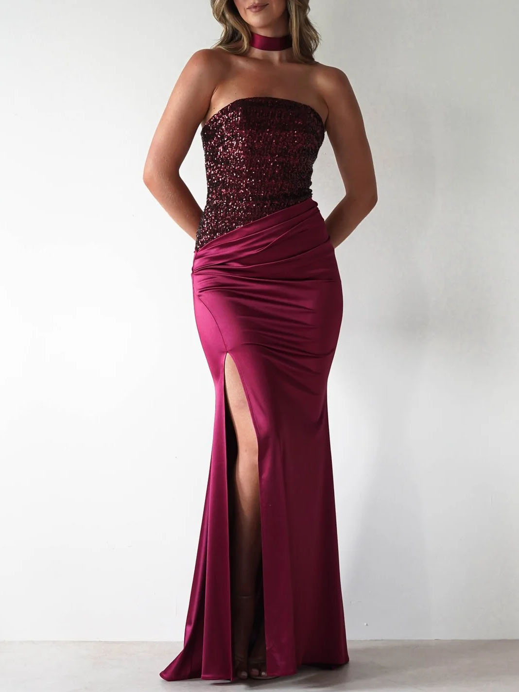 Elegant Sequined Satin Side Slit Dress
