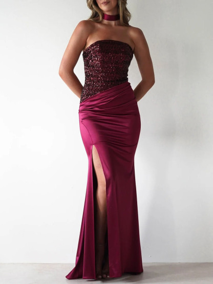 Elegant Sequined Satin Side Slit Dress