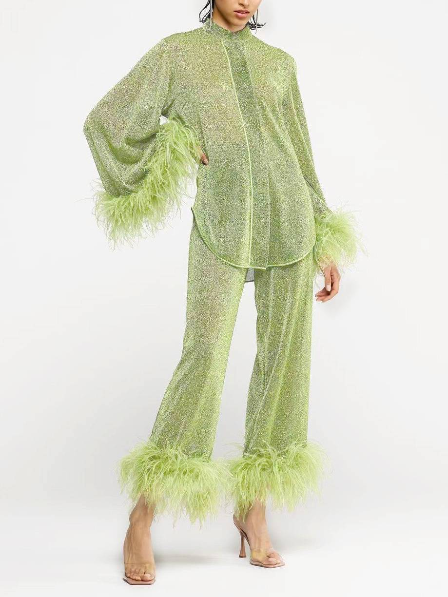 Feather Stand Collar Shirt Wide-leg Pants Suit