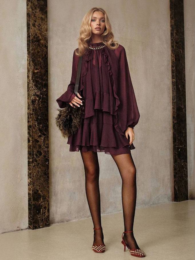 Semi-Sheer Chiffon Ruffle Shirt And Mini Dress Suit（Necklace Not Included）