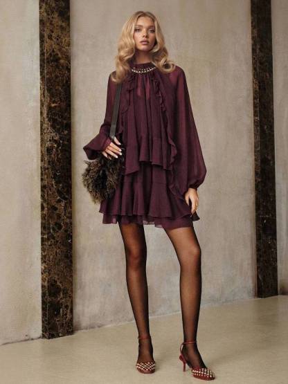 Semi-Sheer Chiffon Ruffle Shirt And Mini Dress Suit（Necklace Not Included）