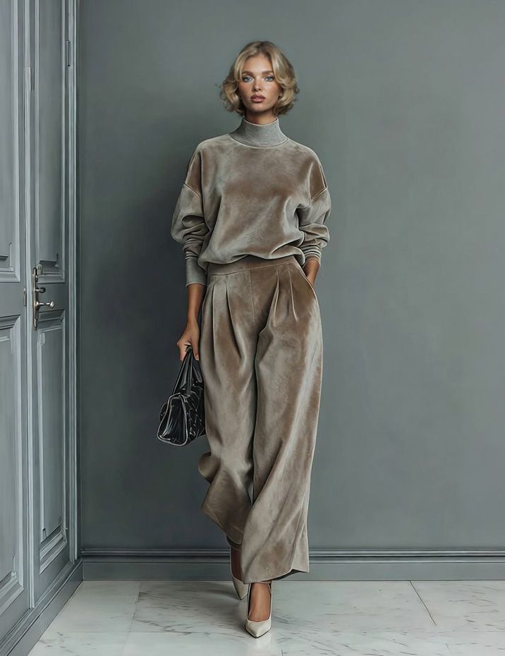 Elegant High-neck Velvet Pleated Wide-leg Pants Two-piece Set