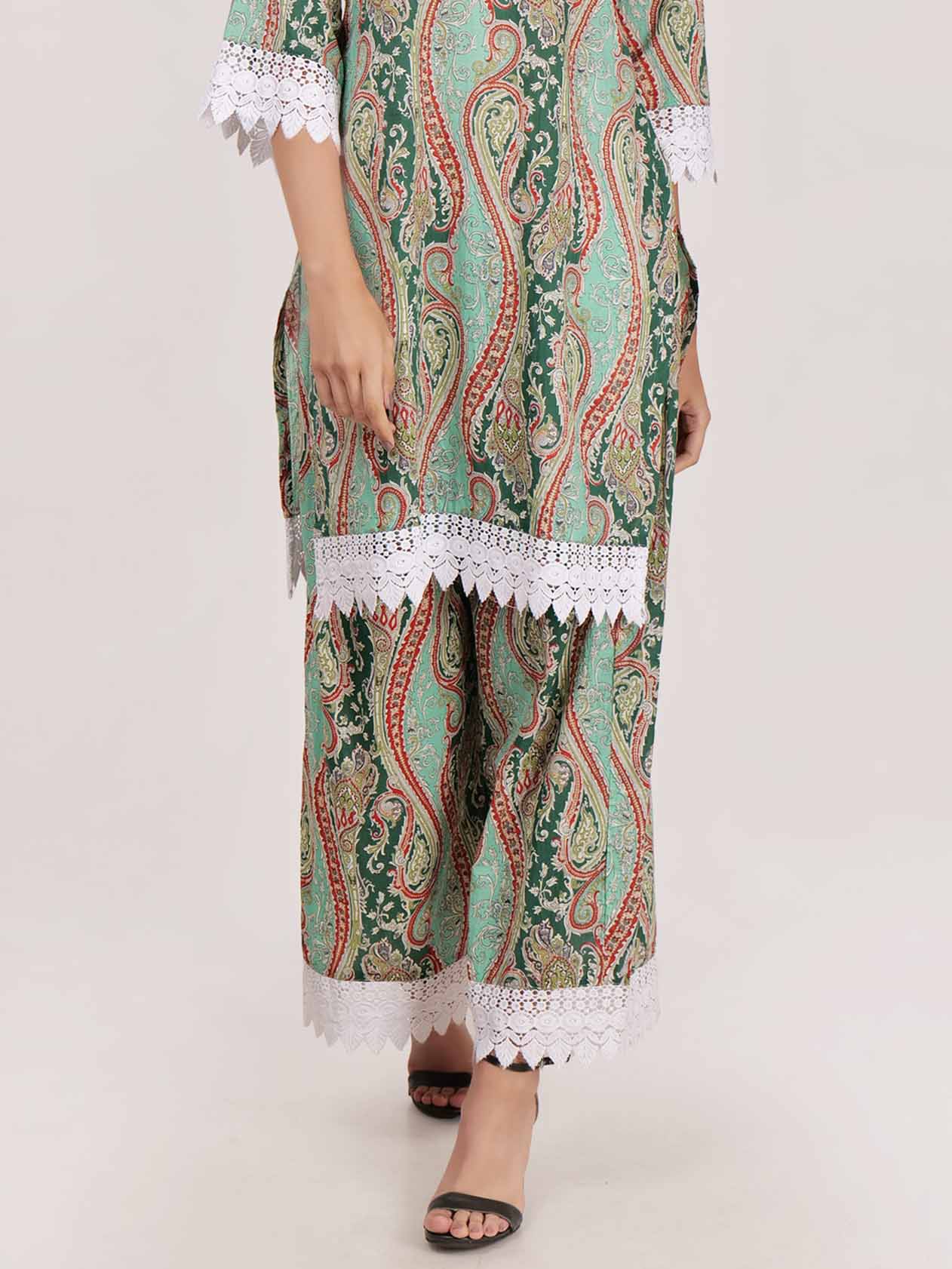Elegant Paisley Print Lace-trimmed Wide-leg Pants