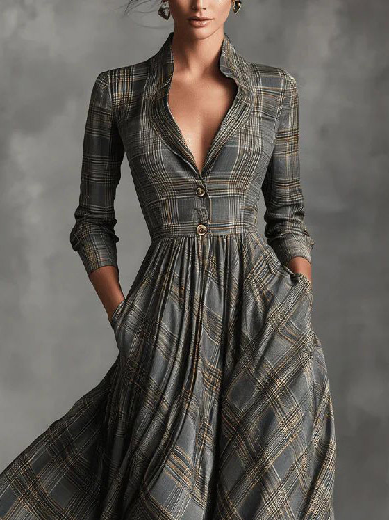 Retro Lapel Plaid Single-Breasted Maxi Dress