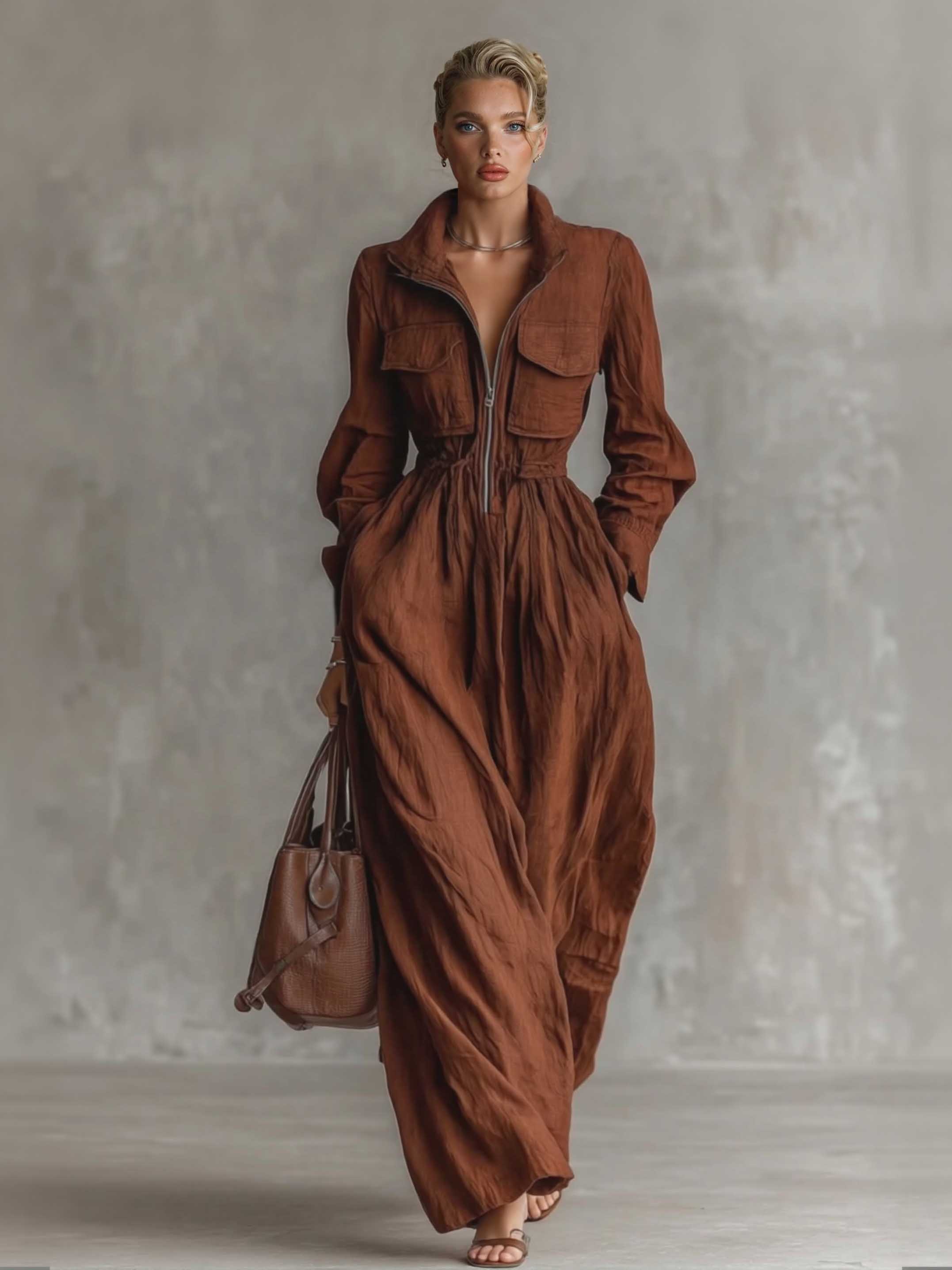 Casual Zip-up Collar Elastic Waist Maxi Dress
