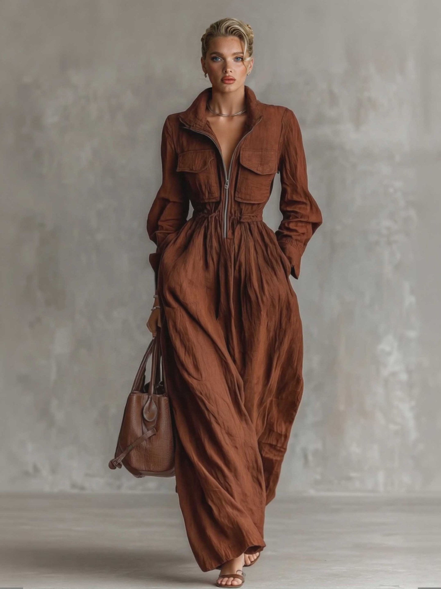Casual Zip-up Collar Elastic Waist Maxi Dress