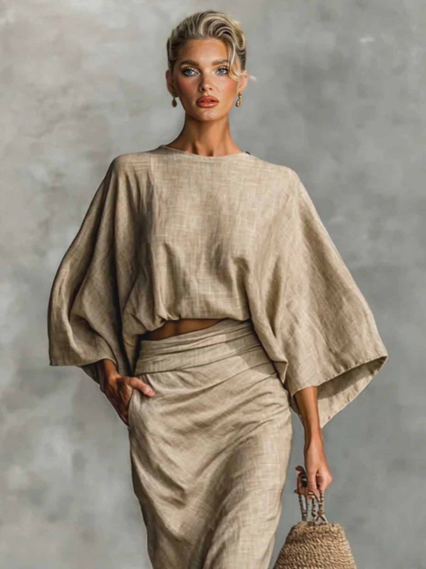 Casual Batwing Sleeve Top & Skirt Two-piece Set