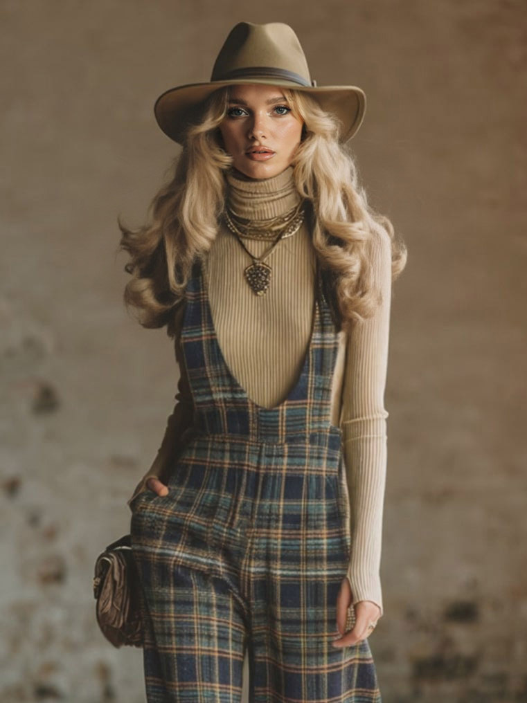Casual Retro Plaid Wide-leg Overalls