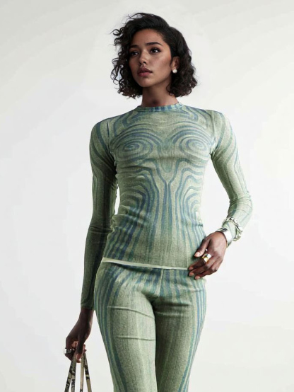 Abstract Print Stretch Knit Wide-Leg Pants