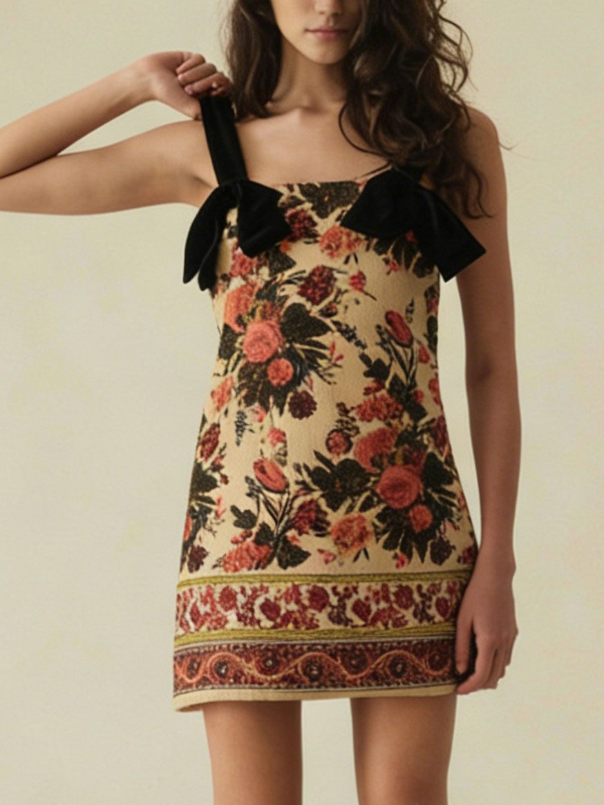 Retro Print Square Neck Bow Strap Mini Dress