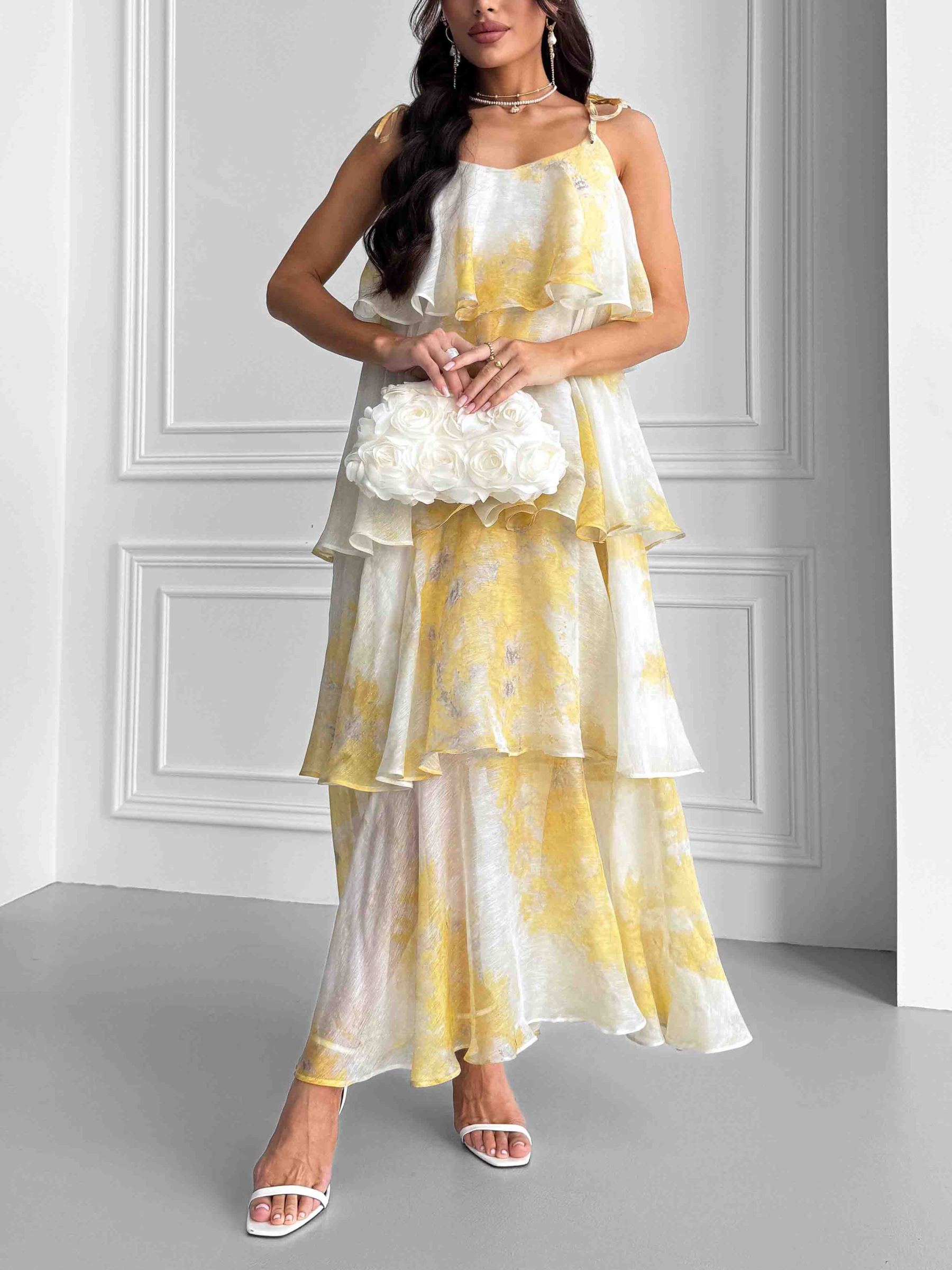 Elegant Multi-layered Ruffle Print Maxi Dress