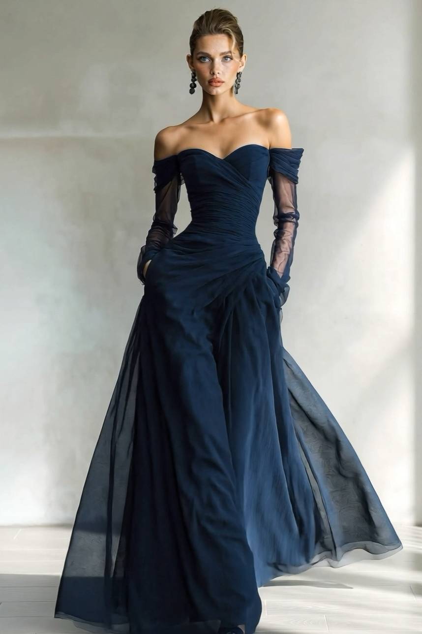 Off-Shoulder Mesh Splicing Maxi Dress