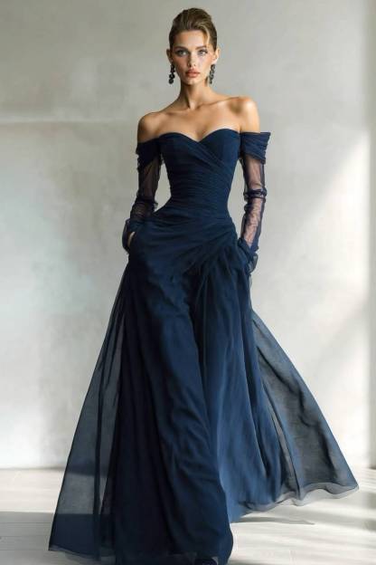 Off-Shoulder Mesh Splicing Maxi Dress