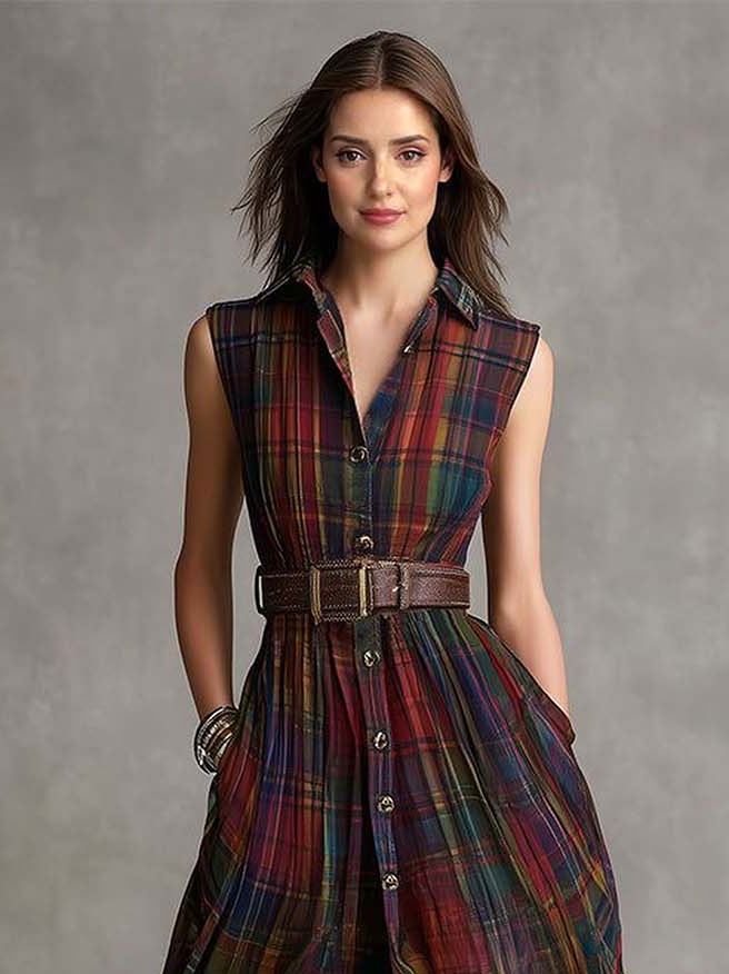 Casual Colorful Plaid Sleeveless Maxi Dress