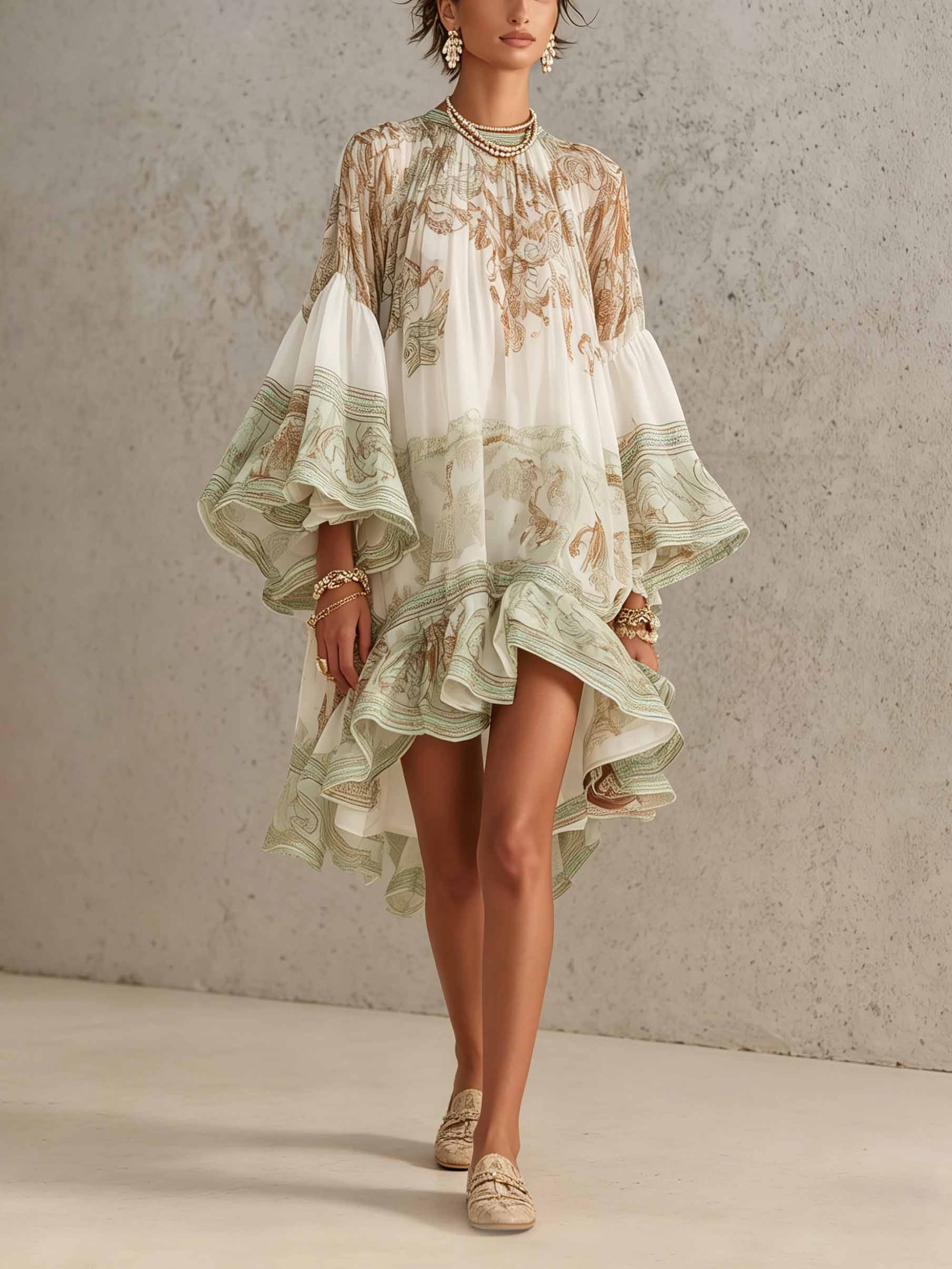 Elegant Vintage Print Ruffle Flare Sleeve Mini Dress