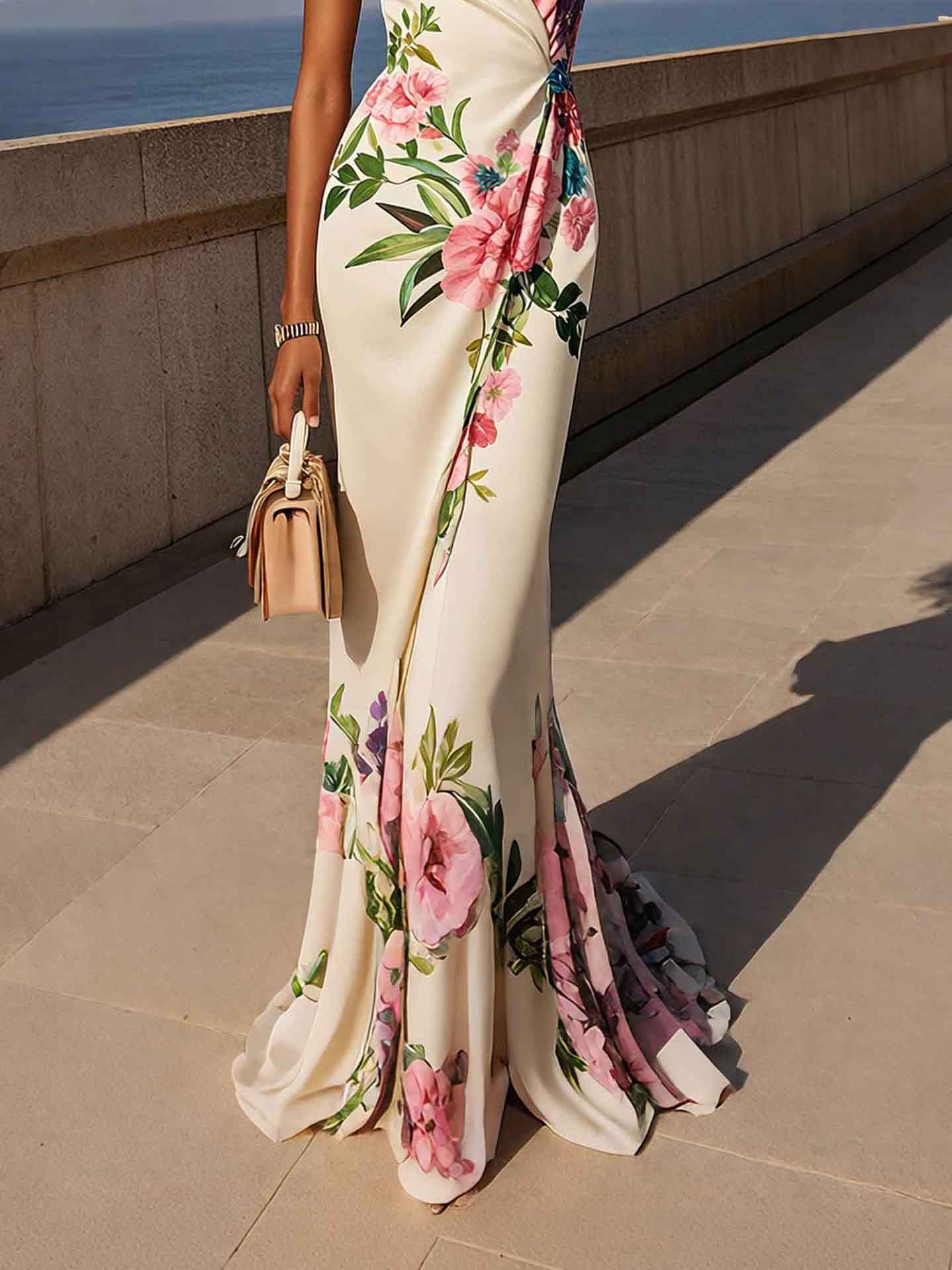 Elegant Floral Print Satin Mermaid Maxi Dress