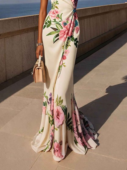 Elegant Floral Print Satin Mermaid Maxi Dress