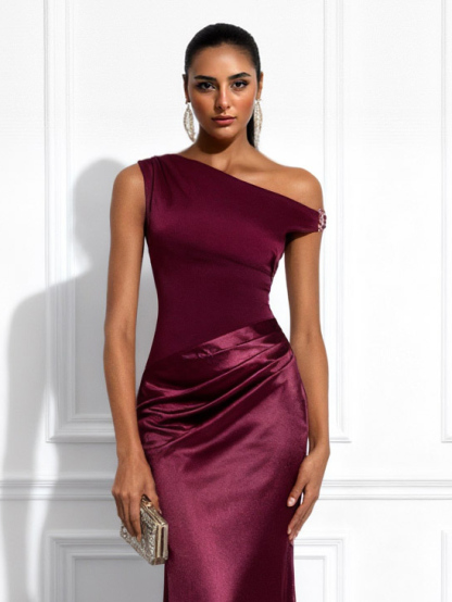 Elegant One-Shoulder Satin Pleated Mermaid Maxi Dress