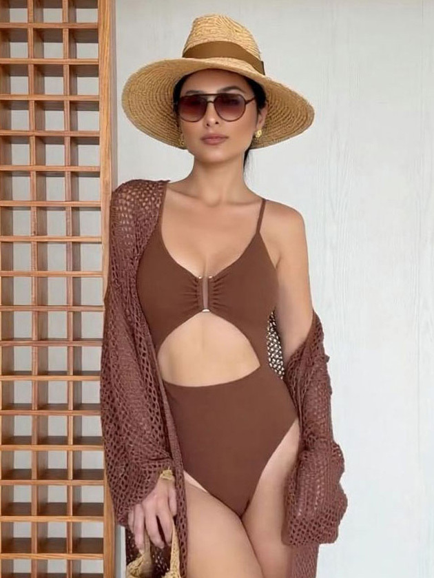 Slim-Fit Brown Cutout One-Piece Swimsuit