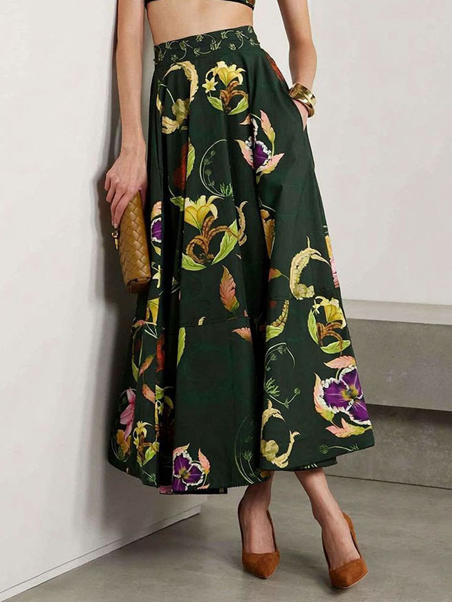Retro Style Dark Green Floral Print Crop Top & Skirt Set