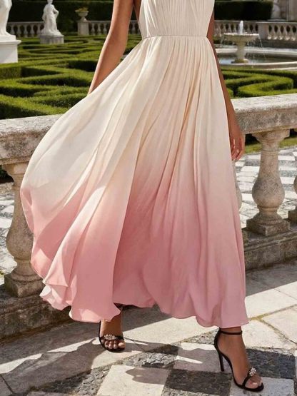 Elegant Gradient Pleated Backless Maxi Dress