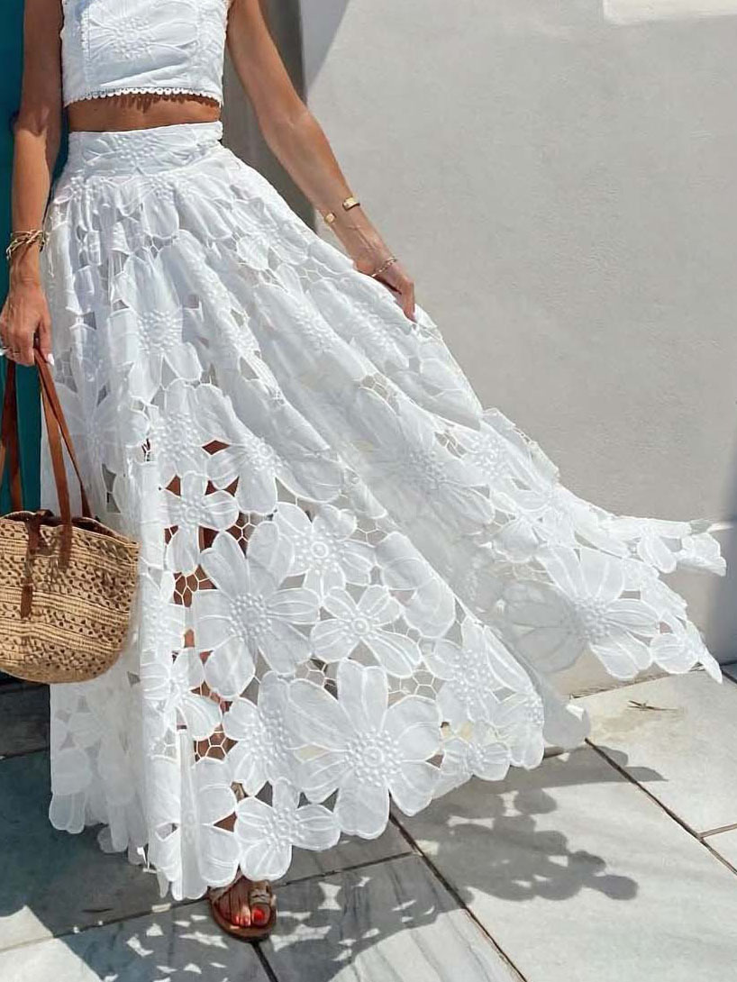 Elegant Openwork Floral Lace Short Vest Two-piece Set